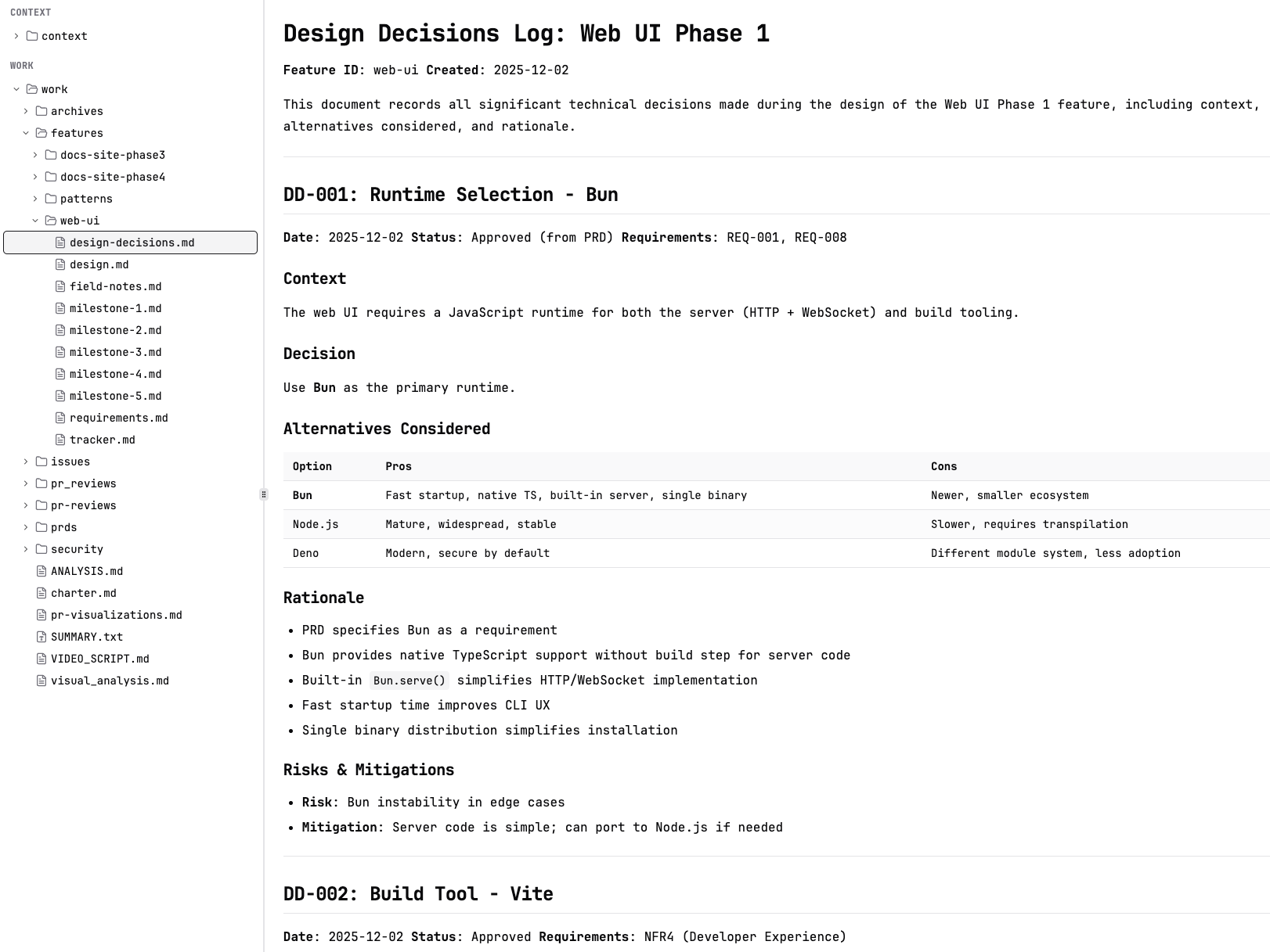 rp1 artifacts structure showing design decisions and feature documentation